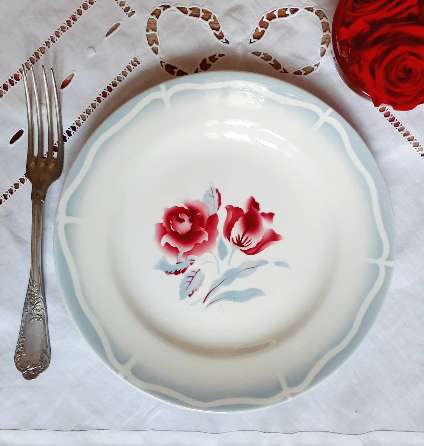 Old mismatched earthenware dinner plates