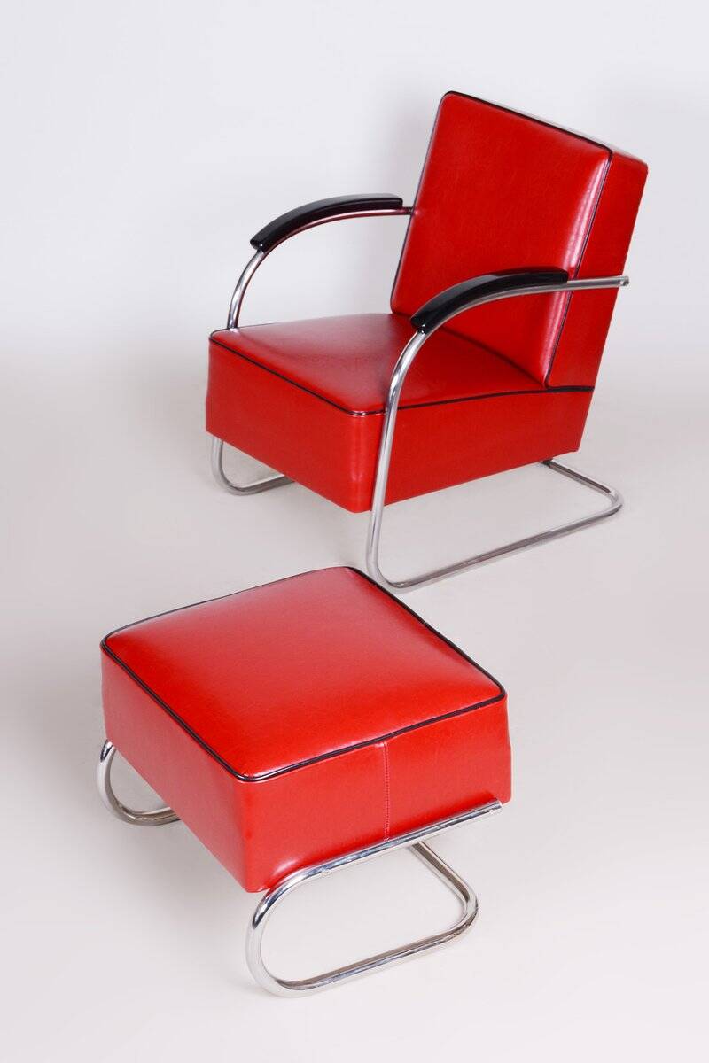 Set of Bauhaus Armchair with Foot Stool attributed to Mucke Melder, 1930s