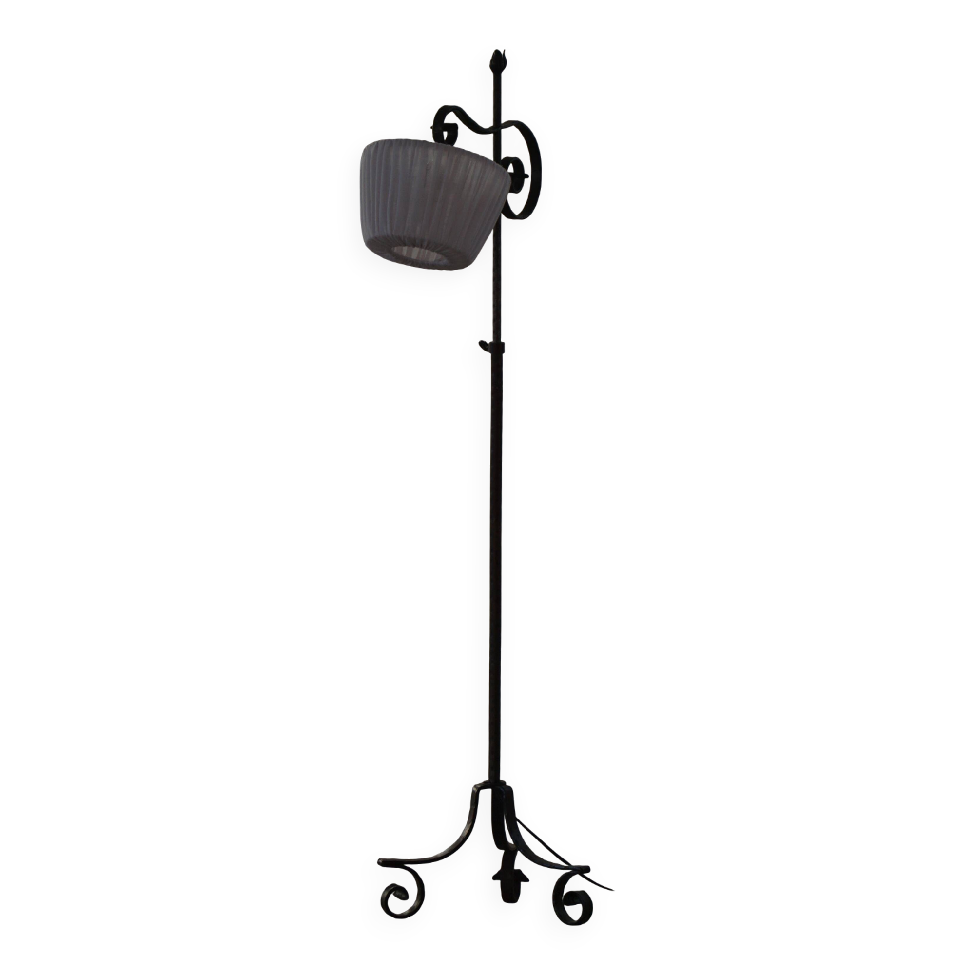 20th-century wrought iron floor lamp with swirling detail, Danish Art Deco.