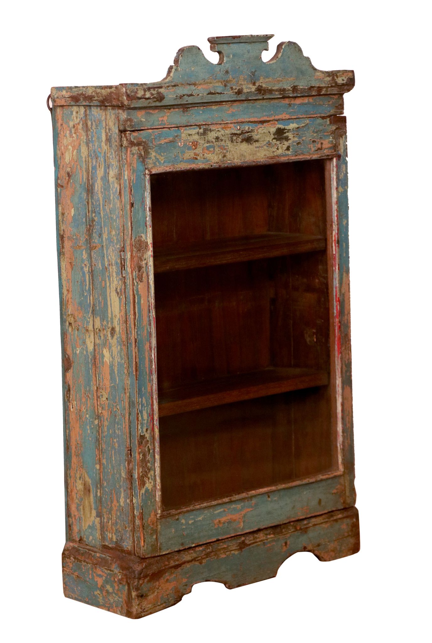 old Art Deco wall display case in original blue teak Burmese patina