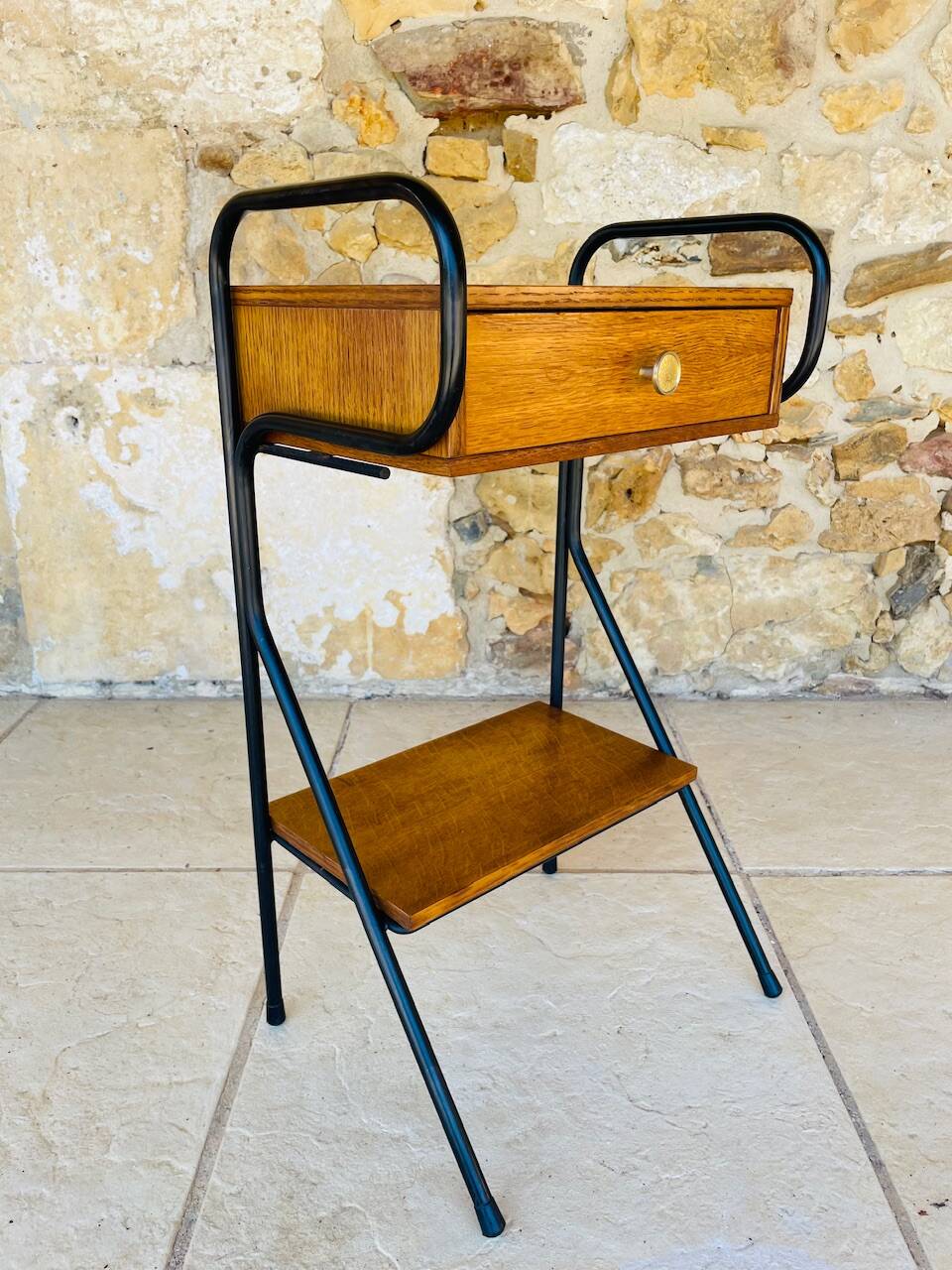 Vintage oak bedside table with black metal legs circa 50s/60s