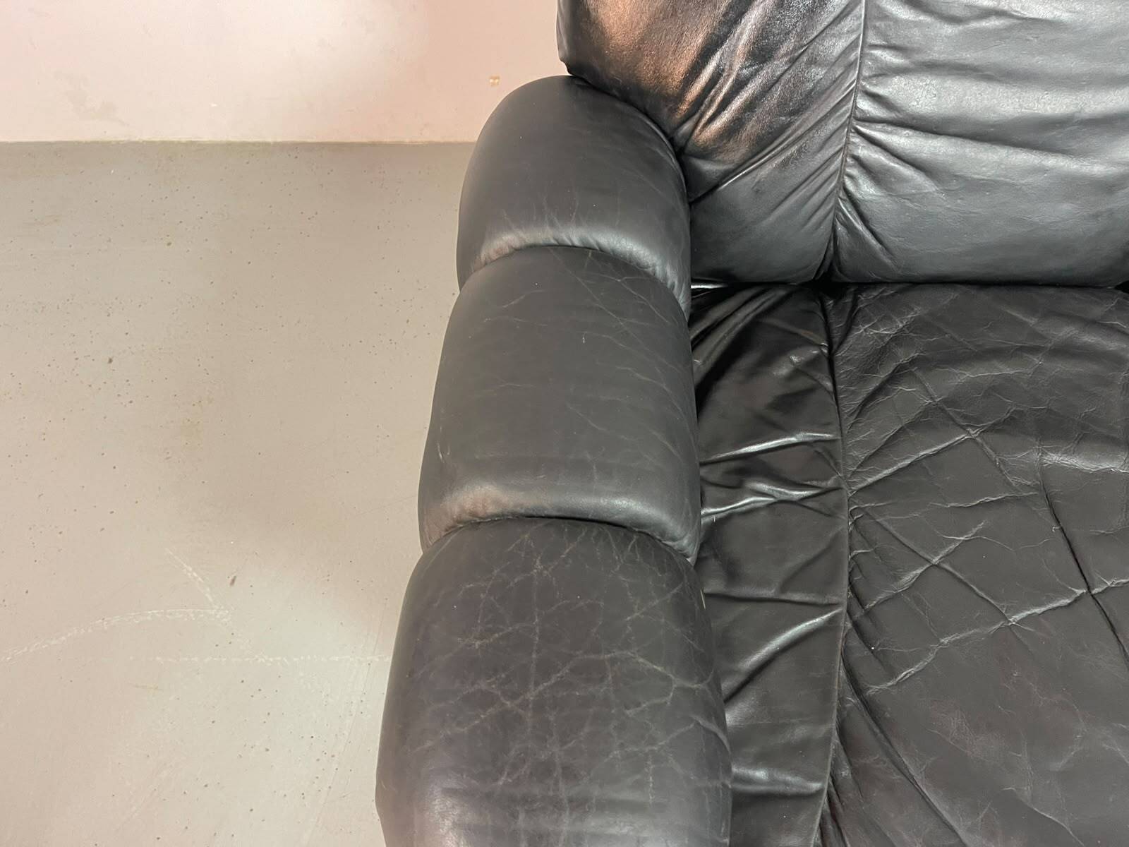 Large Set of Italian Space Age Black Leather Lounge Chairs with Brass