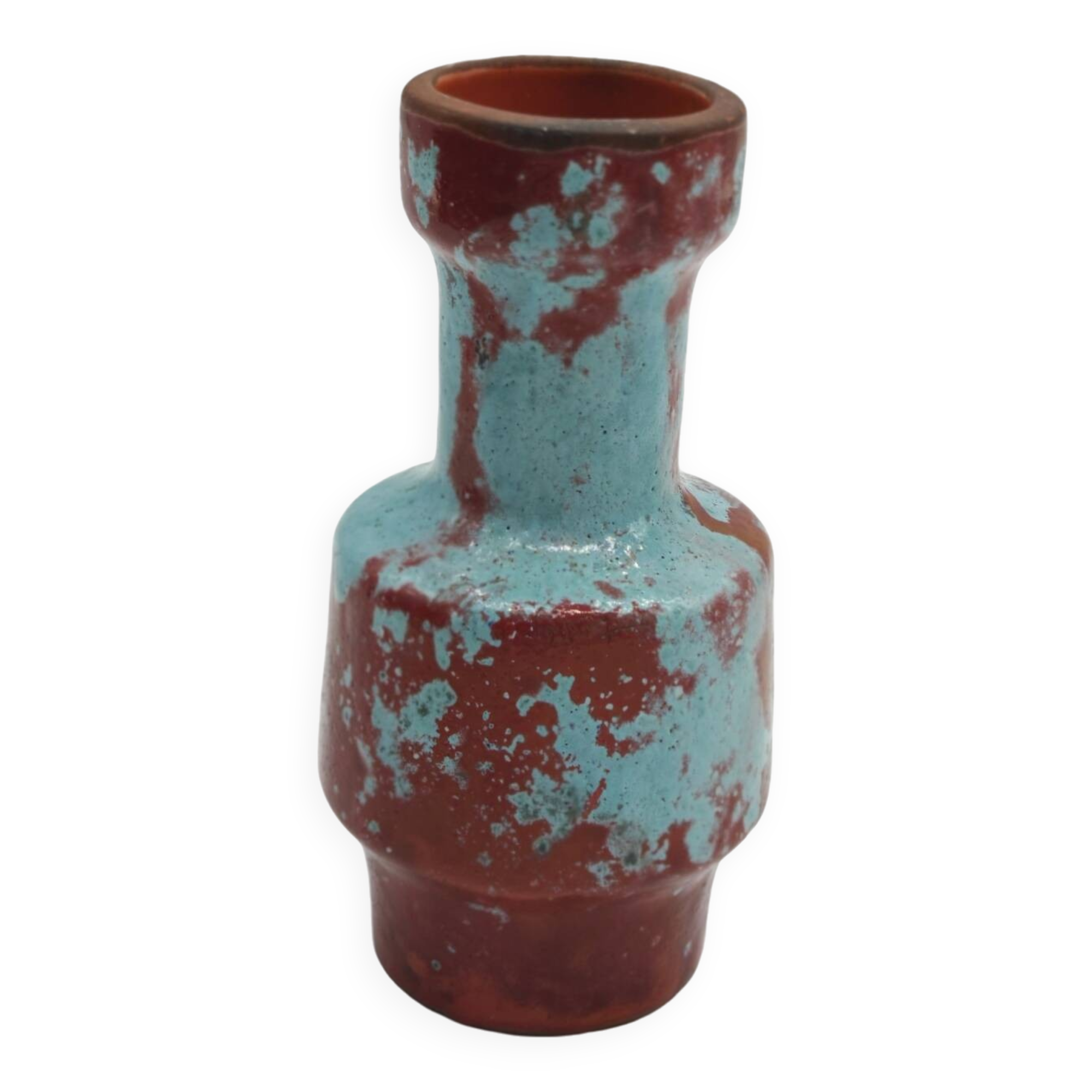 Small designer vase in oxblood red and turquoise blue