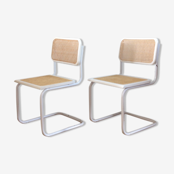 Pair of white Cesca chairs cantilever structure and canning