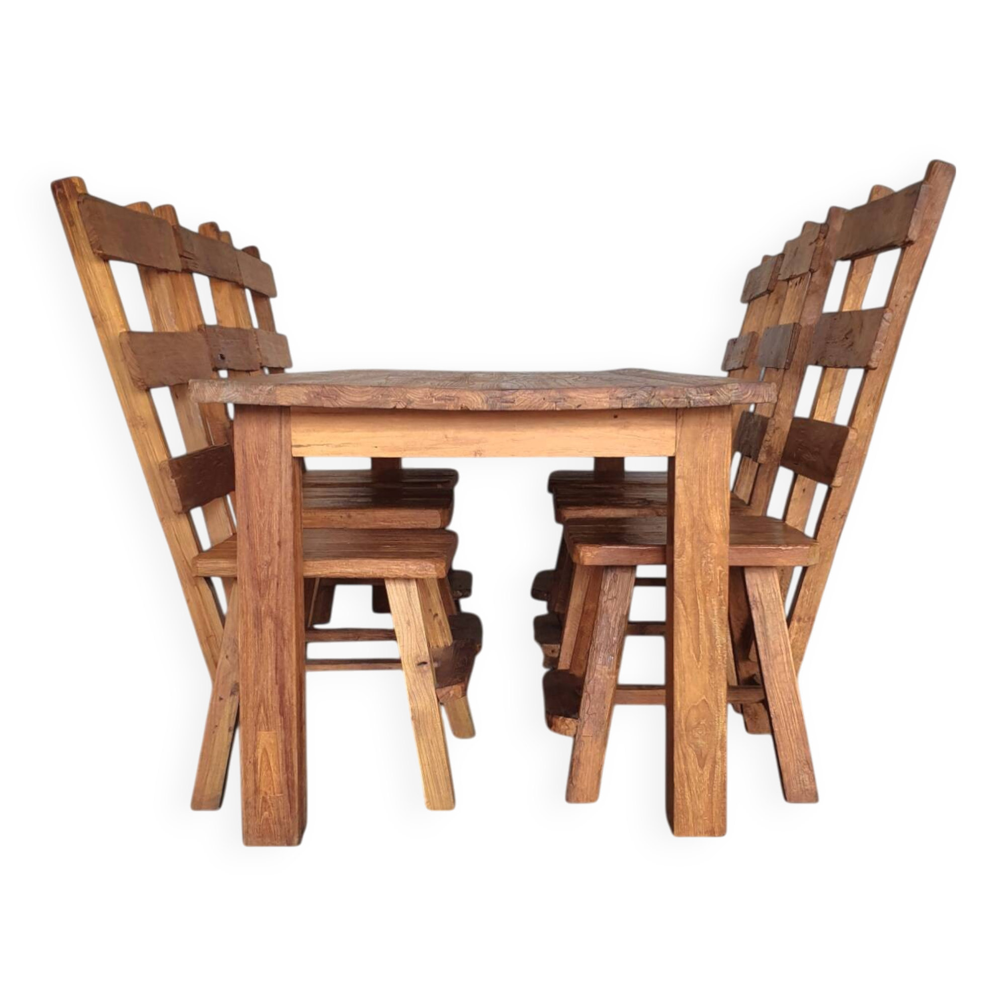 Elm wood brutalist wabi sabi dining set with 6 chairs & Table, 1960s