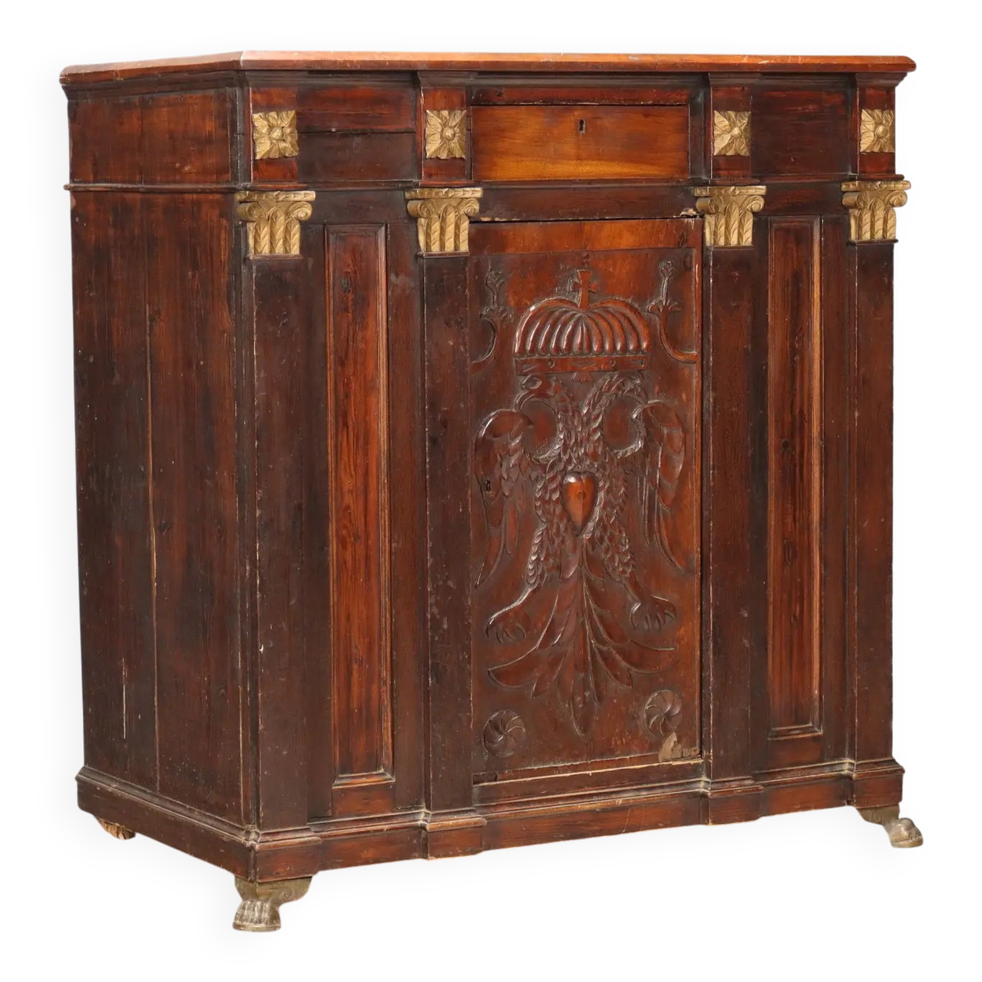Antique walnut and fir wardrobe with drawers, Italy, 18th century.