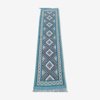 Tapis kilim couloir bleu fait à la main en pure laine