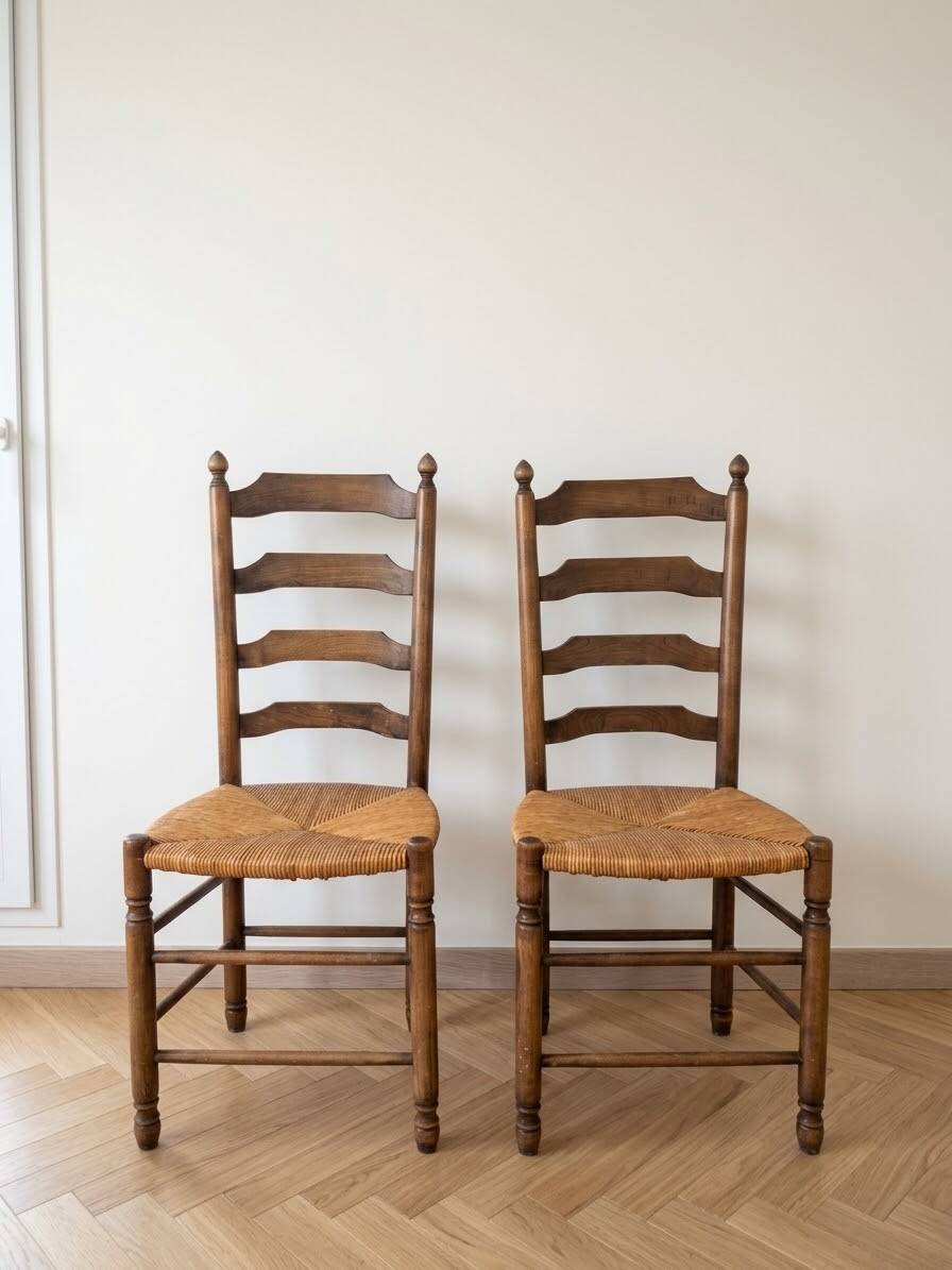 Set of 6 antique cherry wood chairs in ladder style.