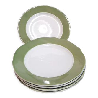 5 green and white semi-deep scalloped plates