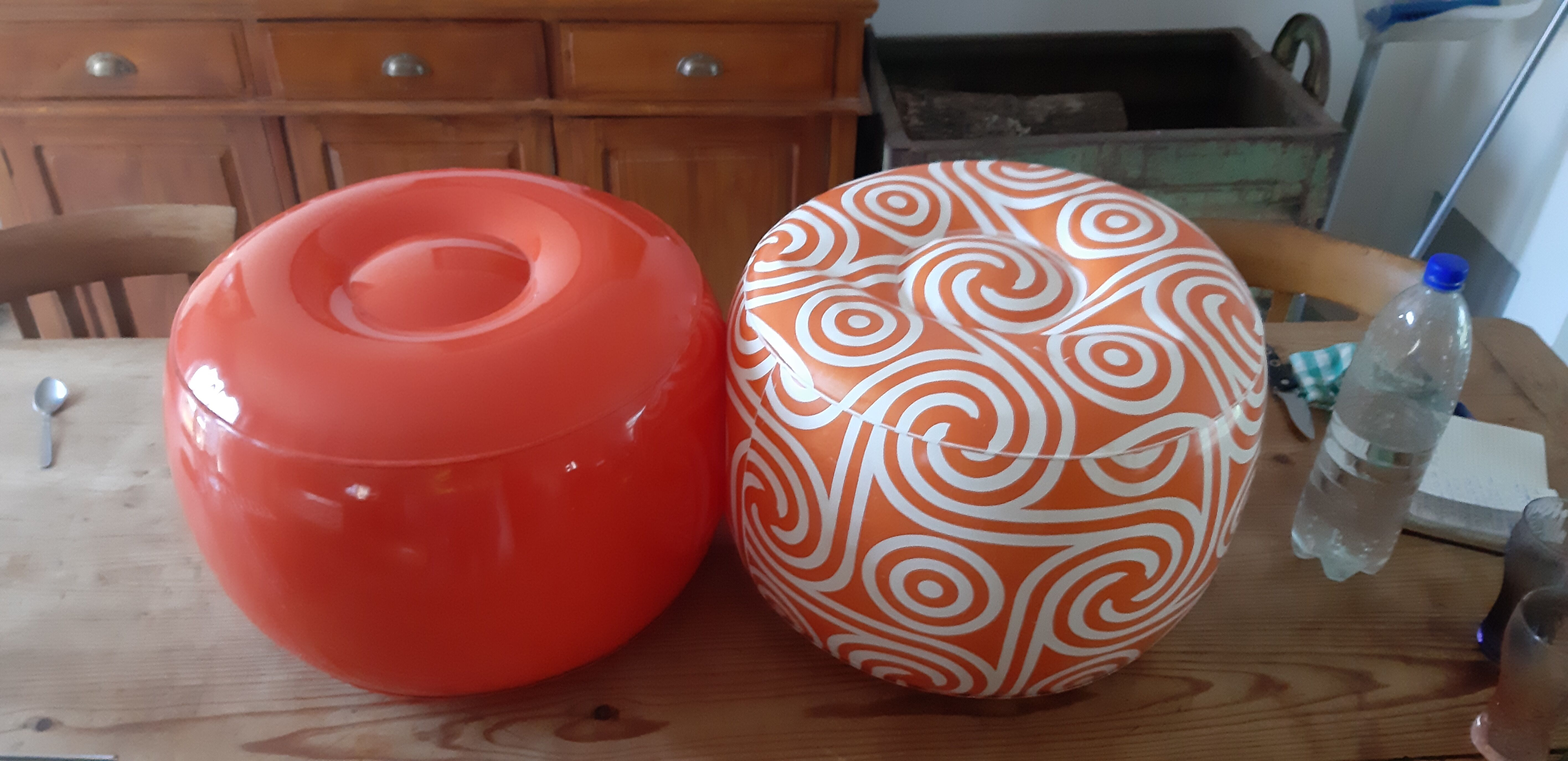 2 vintage inflatable poufs in orange plastic