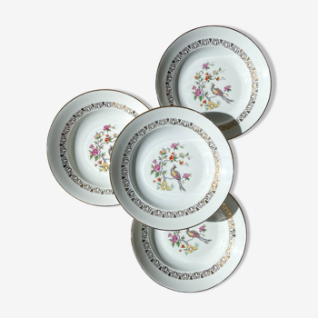 4 Assiettes creuses en porcelaine de Limoges motif oiseau de paradis