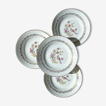 4 Limoges porcelain soup plates with bird of paradise pattern