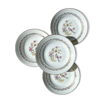 4 Limoges porcelain soup plates with bird of paradise pattern