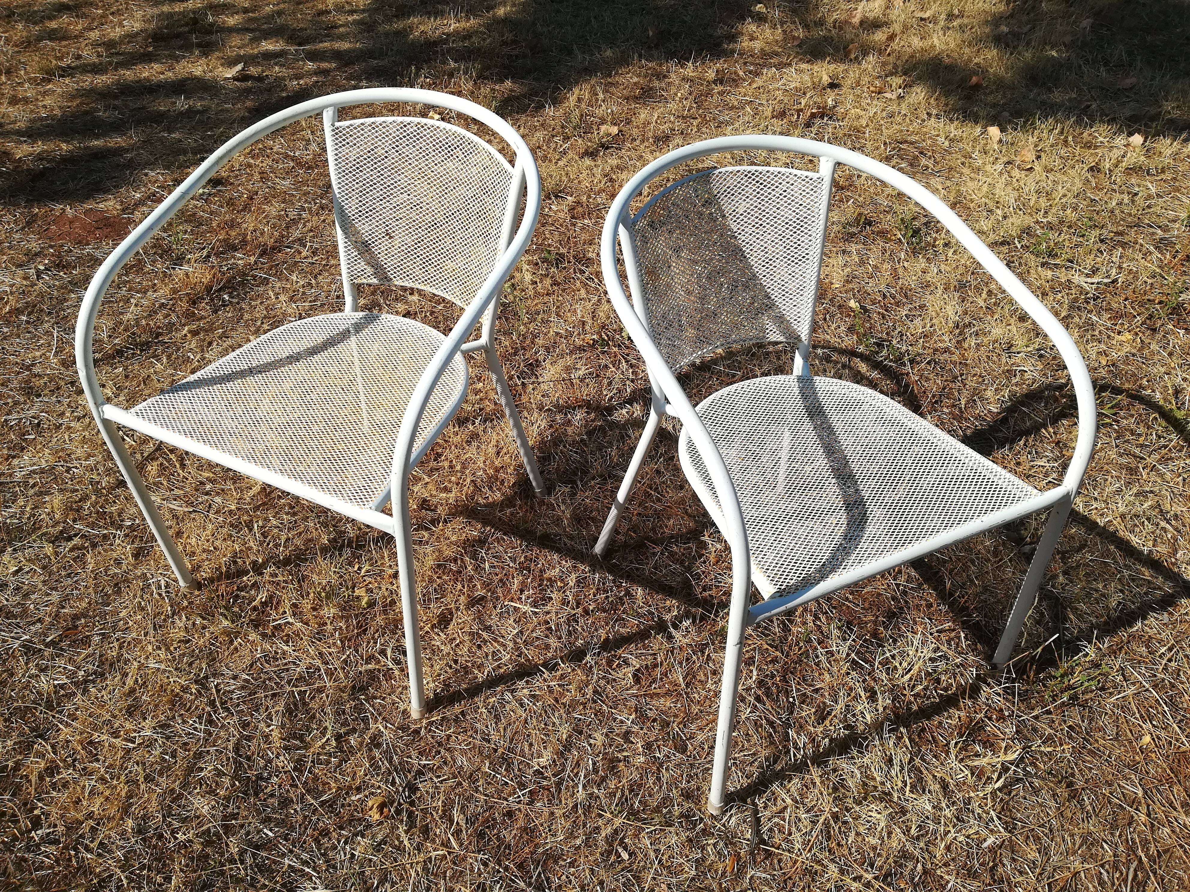 Pair of vintage white metal terrace armchairs