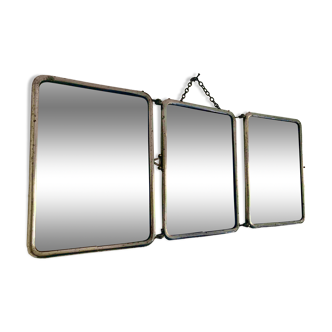 Miroir triptyque barbier chromé chocolat vintage 1940 - 21 x 49 cm