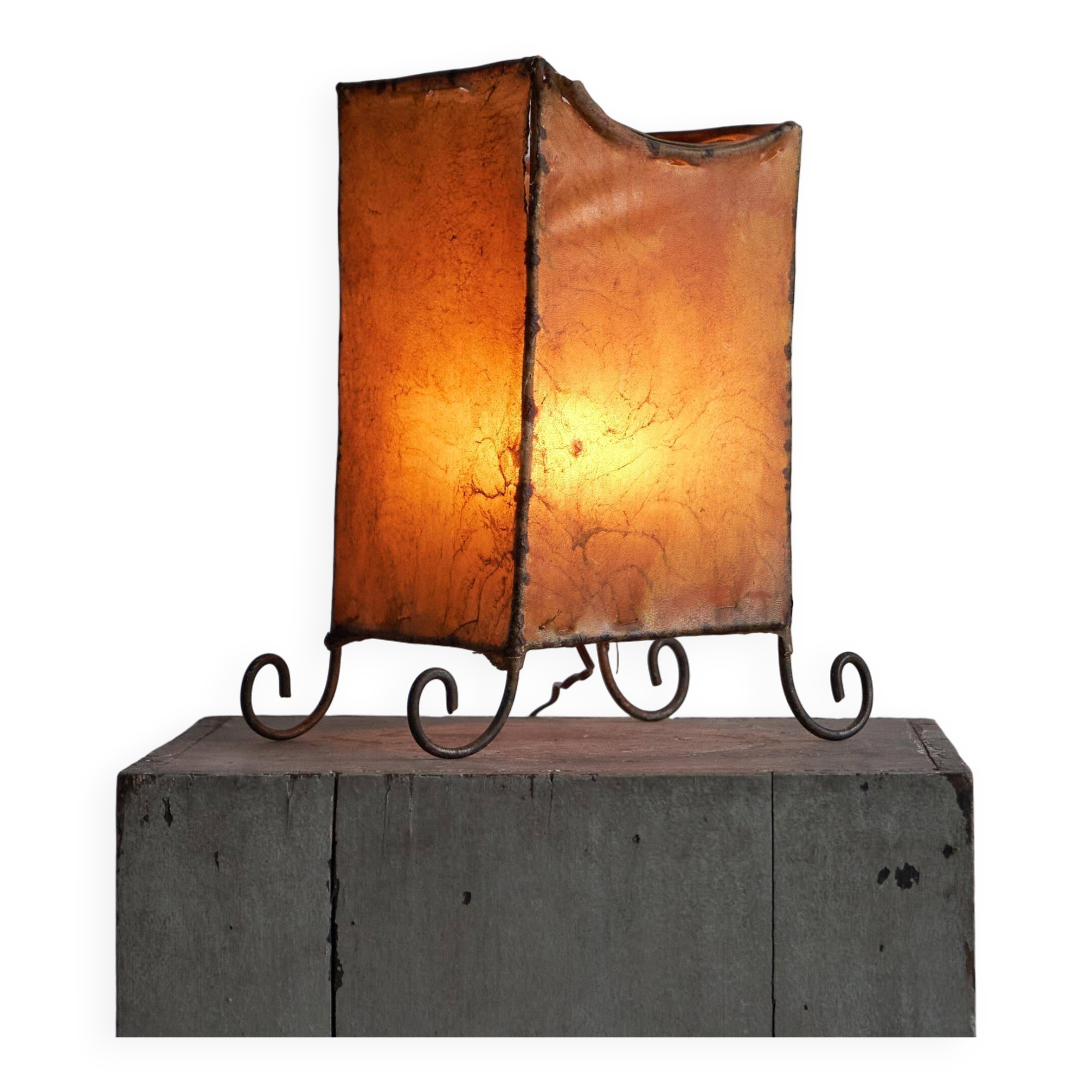 Mid-century table lamp in goat leather and wrought iron, 1950s