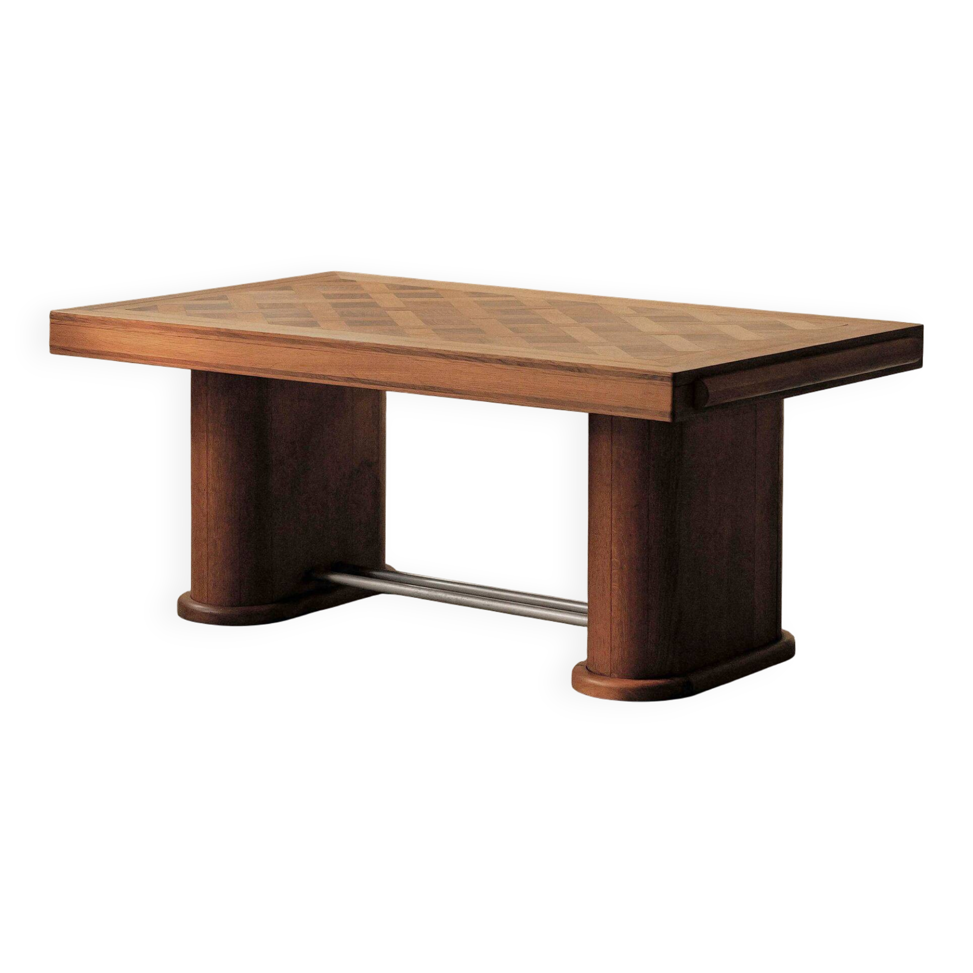 Art Deco table in oak and walnut with marquetry decoration, circa 1940.