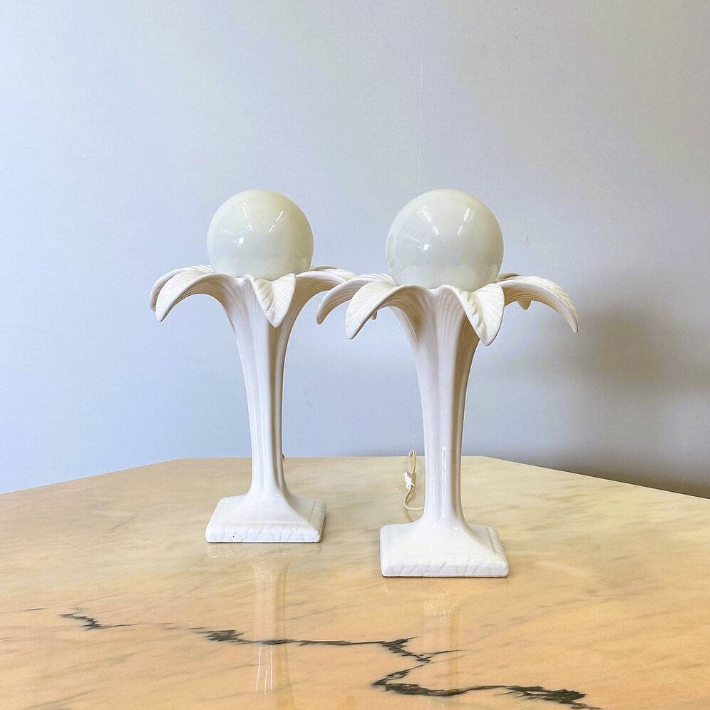 Pair of white ceramic palm tree lamps by Michael Andersen, 1970s