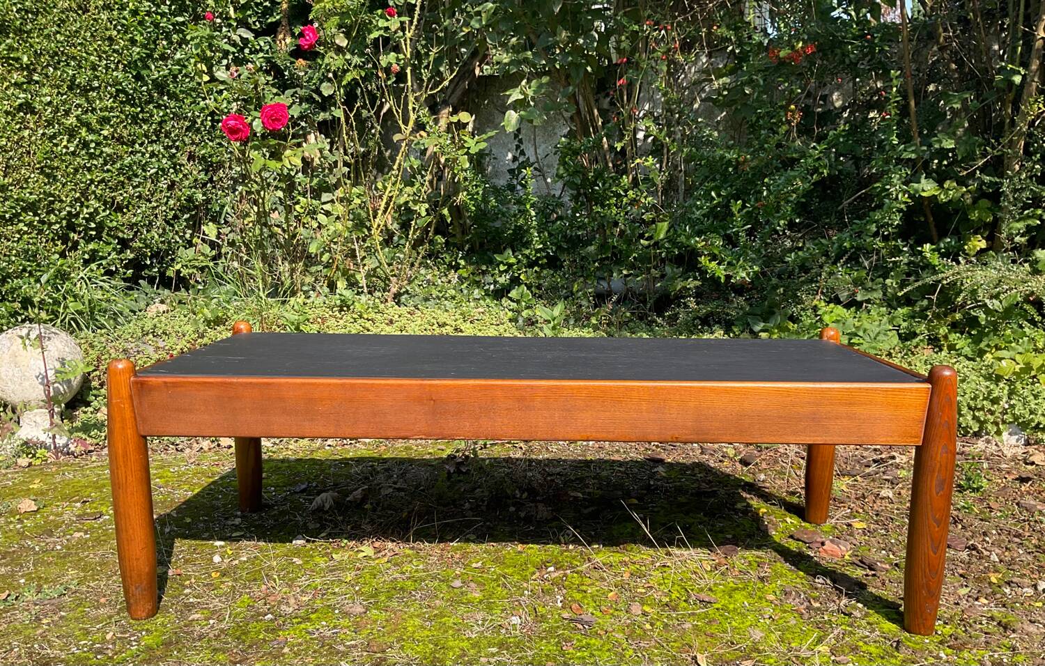 Solid oak and slate coffee table from the 50s-60s