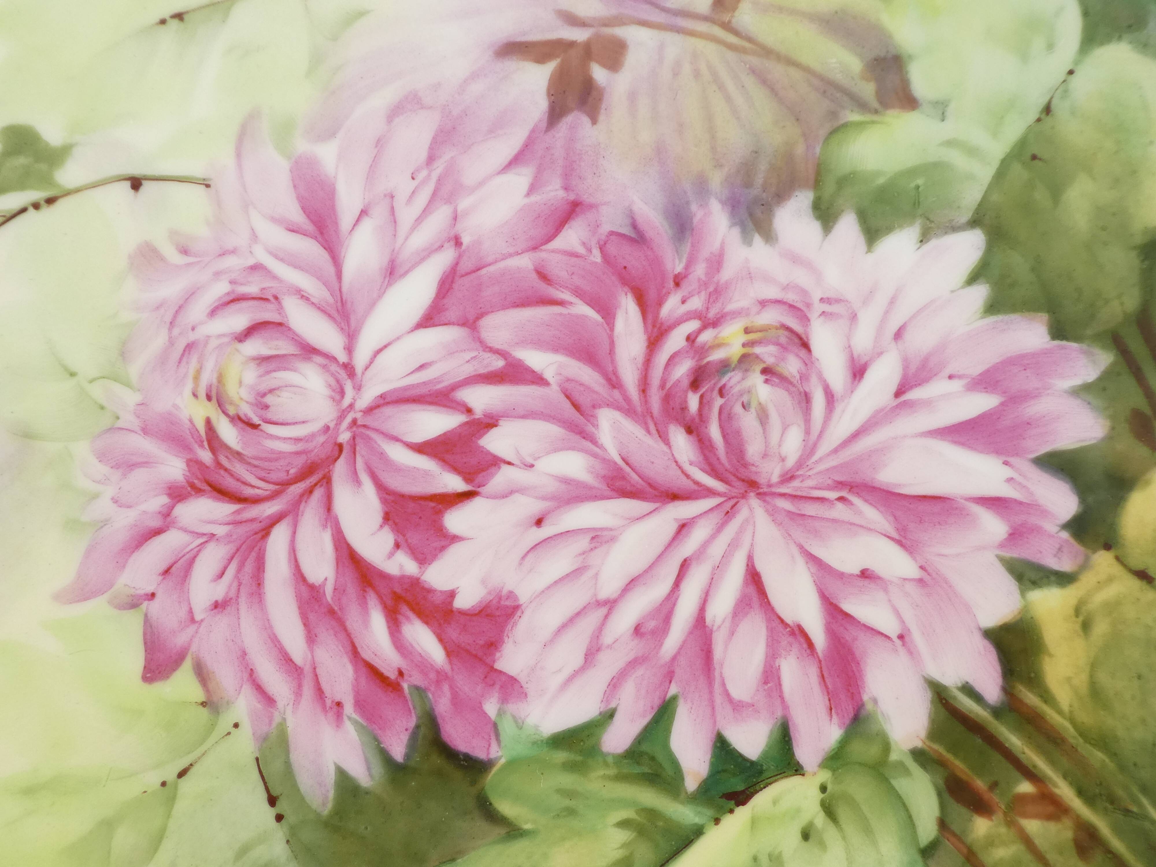 Porcelain dish of LIMOGES decoration of pink DAHLIA signed MARTIAL