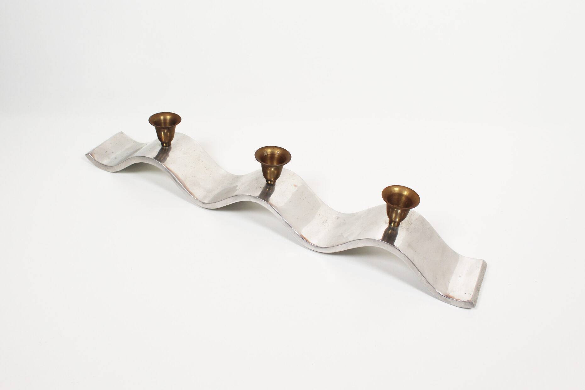 Brutalist 1990s 'Wave' aluminium and brass candelabra