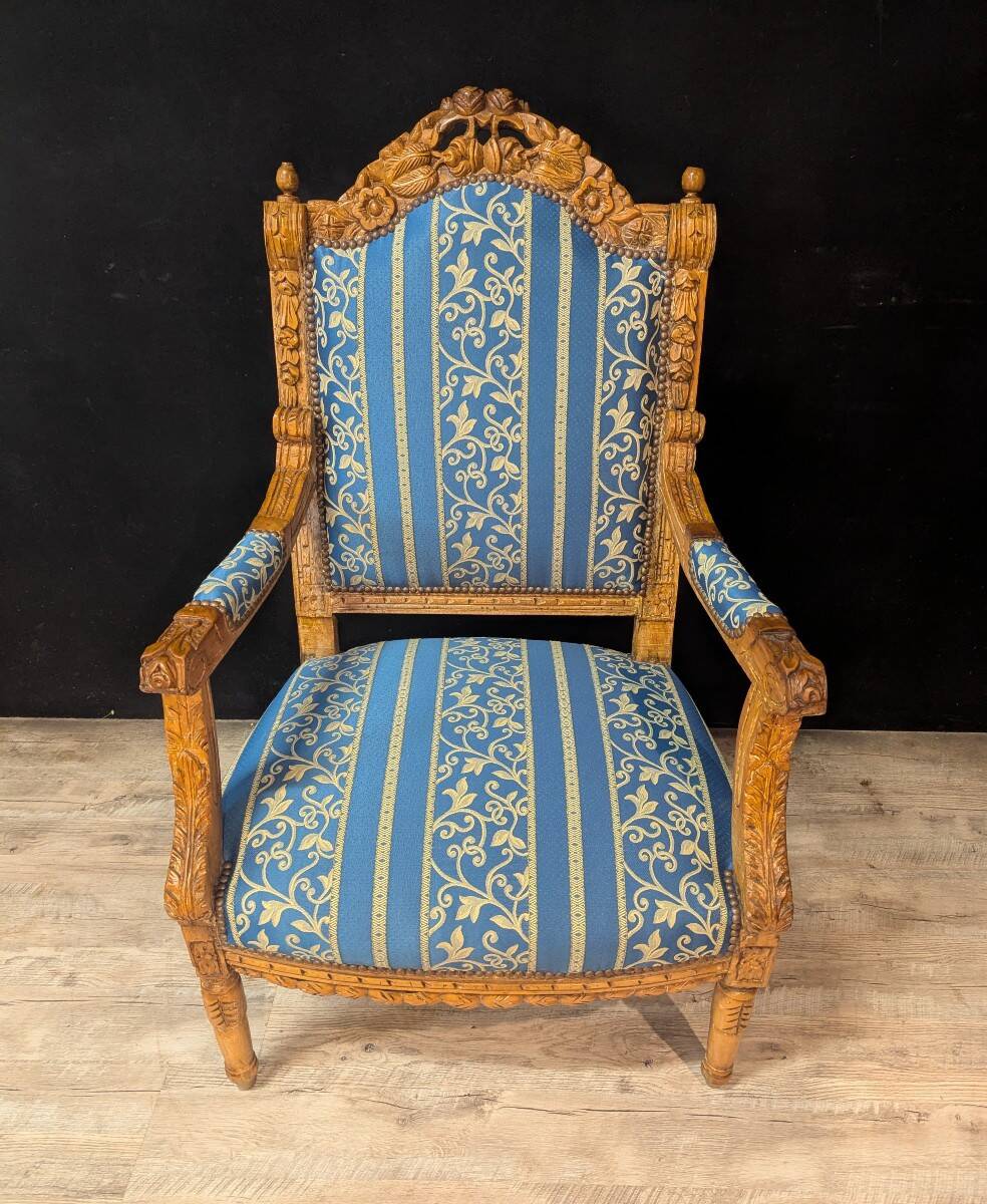 Pair of Louis XV Style Armchairs in Carved Wood and Blue Fabric