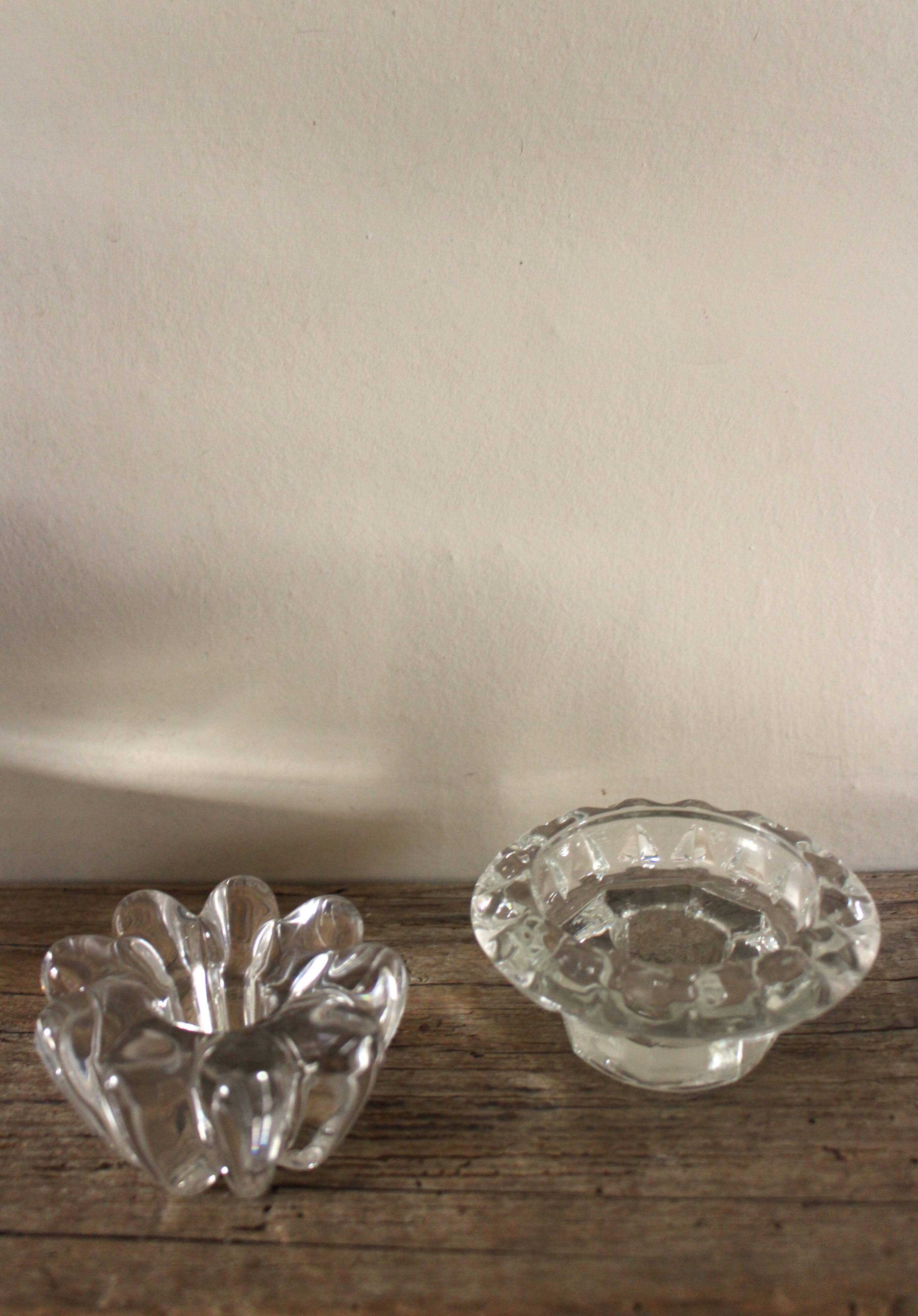 Set of 2 vintage glass candle holders with flower carving