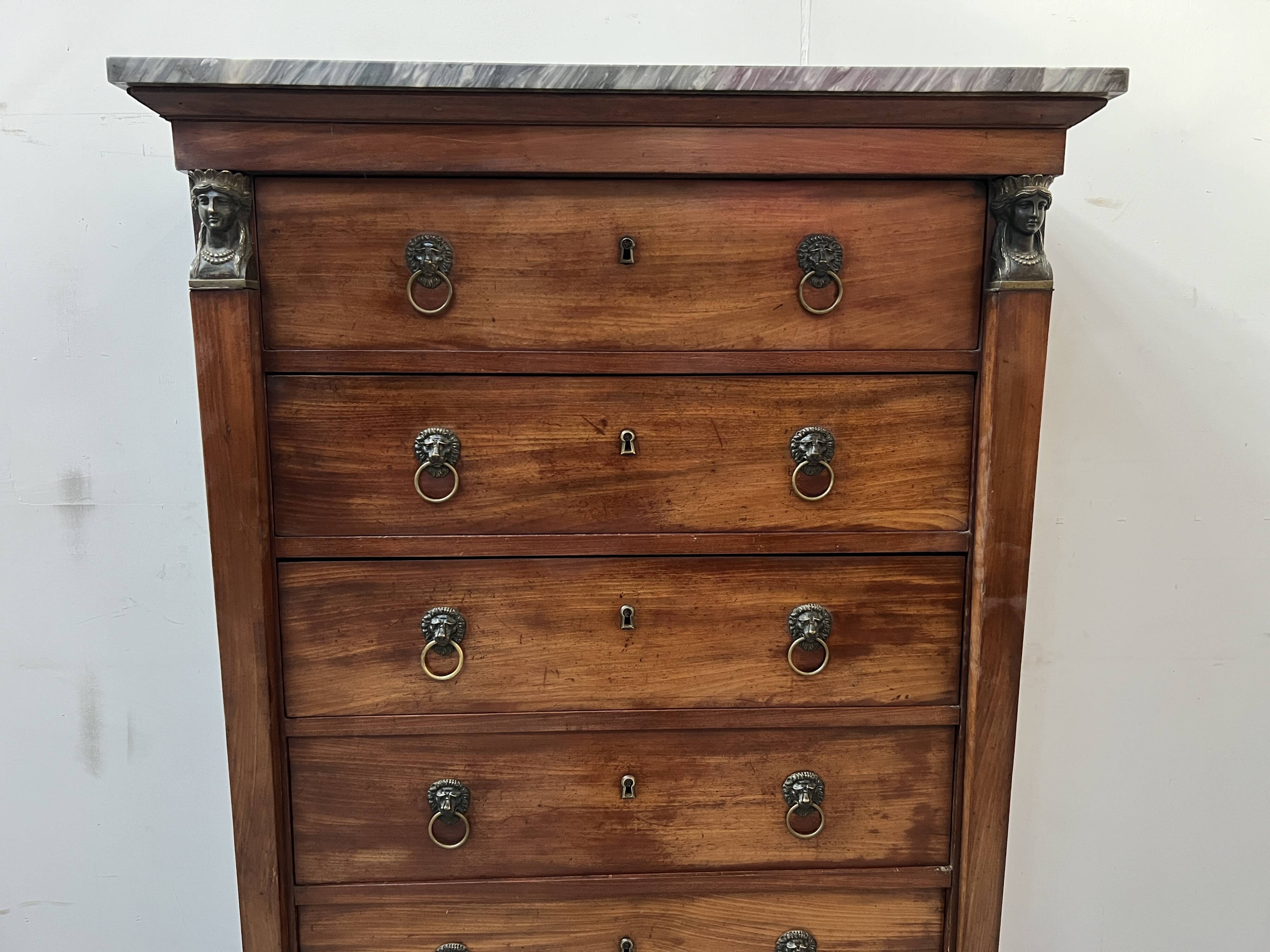 Empire period chest of drawers in mahogany and veneer, 19th century