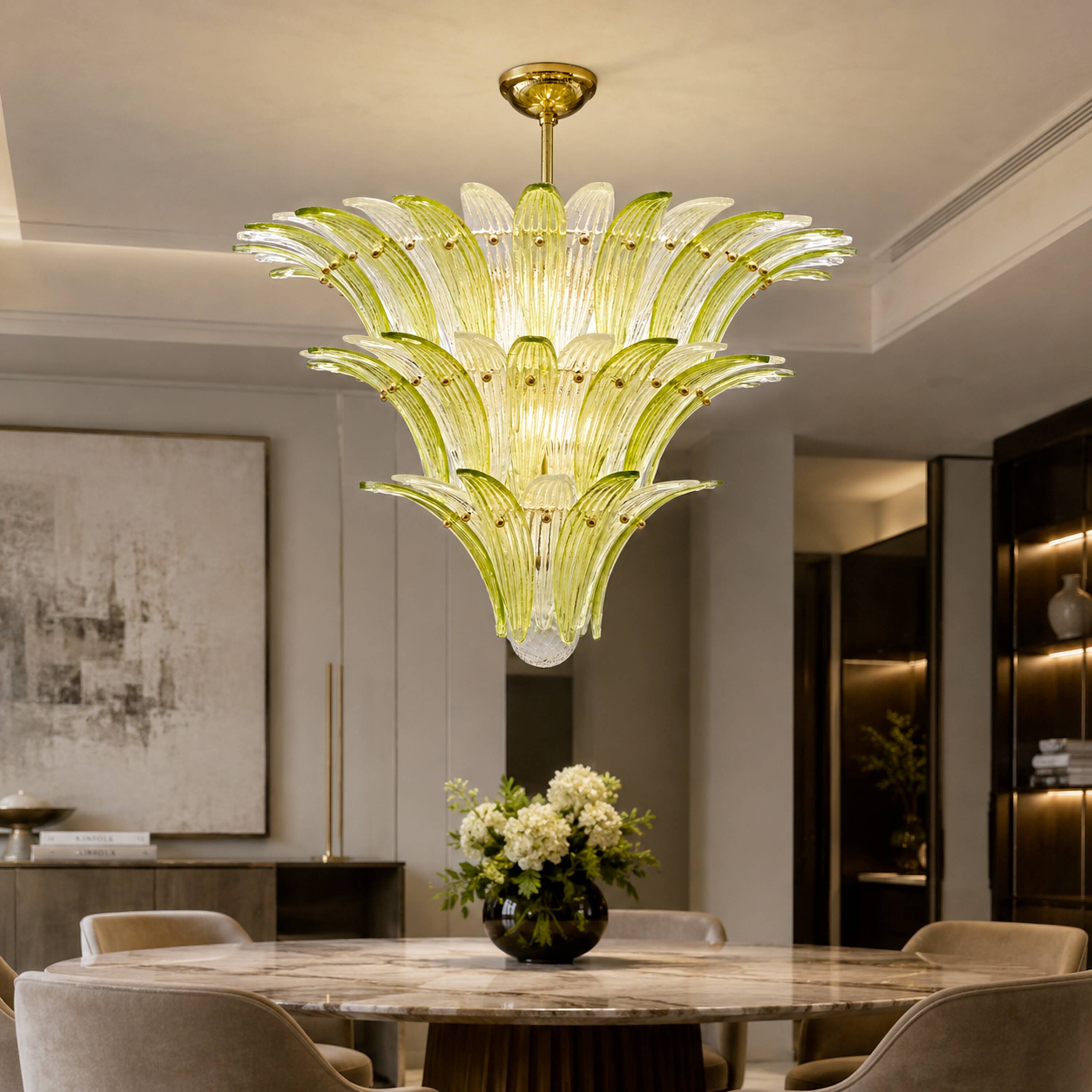 Mid-Century Murano Glass Palmette Chandelier in Green and Clear Glass, Ital
