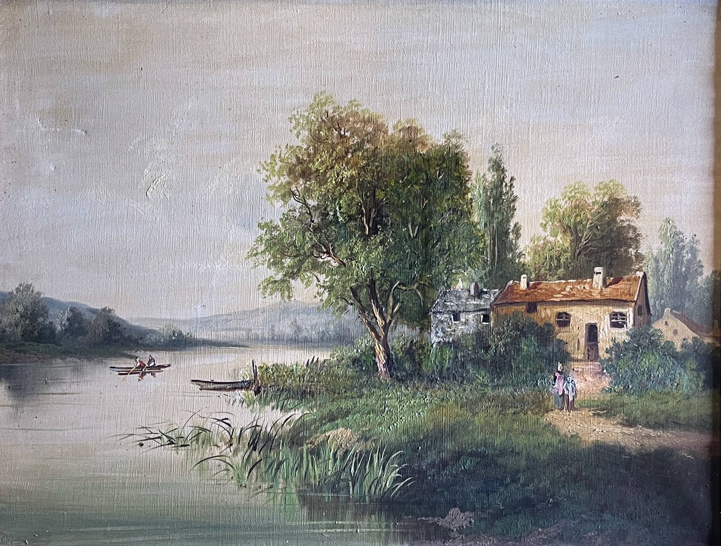 Painting, oil on framed canvas "Animated lake landscape" signed Michel, 19th century.