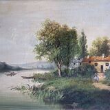 Painting, oil on framed canvas "Animated lake landscape" signed Michel, 19th century.