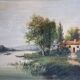 Tableau, huile sur toile encadrée "Paysage lacustre animé" signé Michel, XIXème s.
