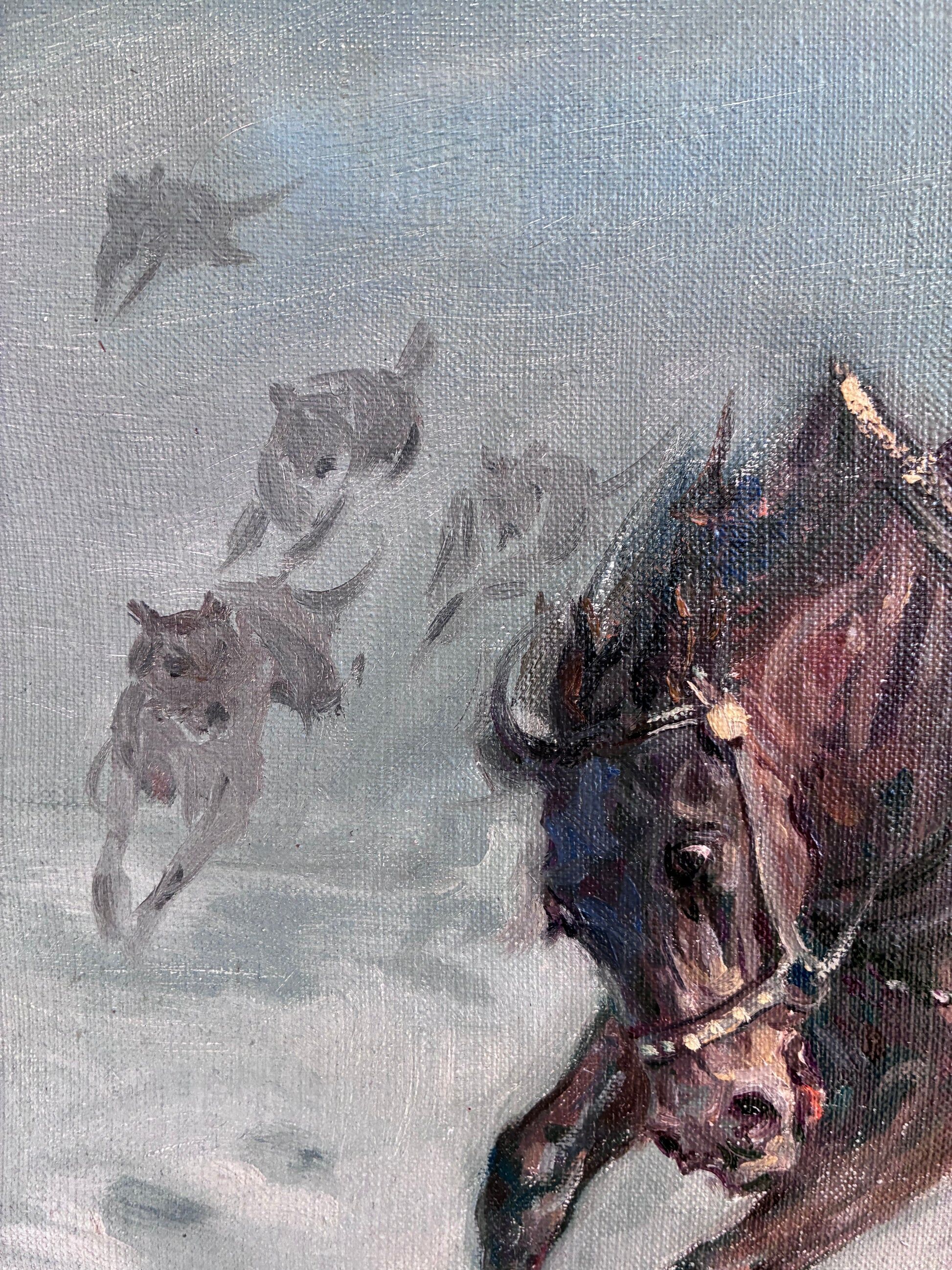 Peinture à l'huile vintage originale de cheval, grande œuvre d'art équestre signée pour mur.