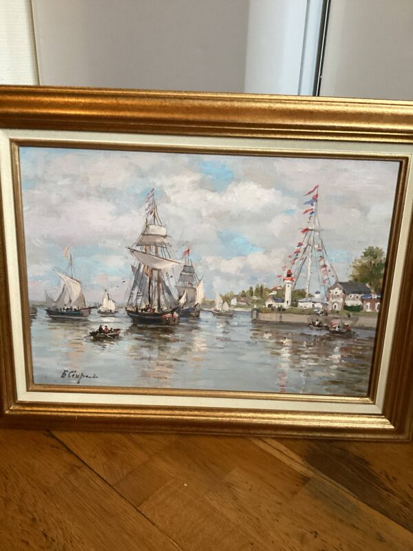 Tableau signé cadrée Huile sur toile « Honfleur «  dimension : hauteur -49cm- largeur -63 cm-