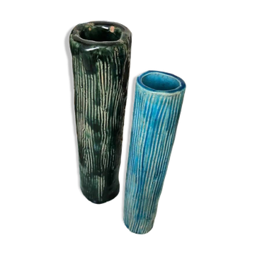 Two enameled tubular vases