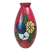 Vintage red glass vase – hand-painted floral decoration – signed Ar