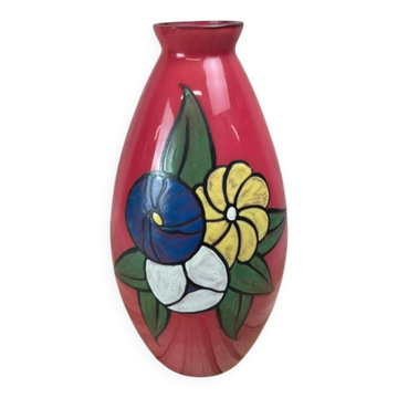 Vintage red glass vase – hand-painted floral decoration – signed Ar