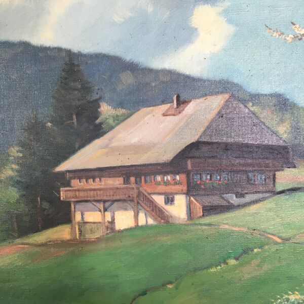 Tableau ancien chalet et arbre en fleurs