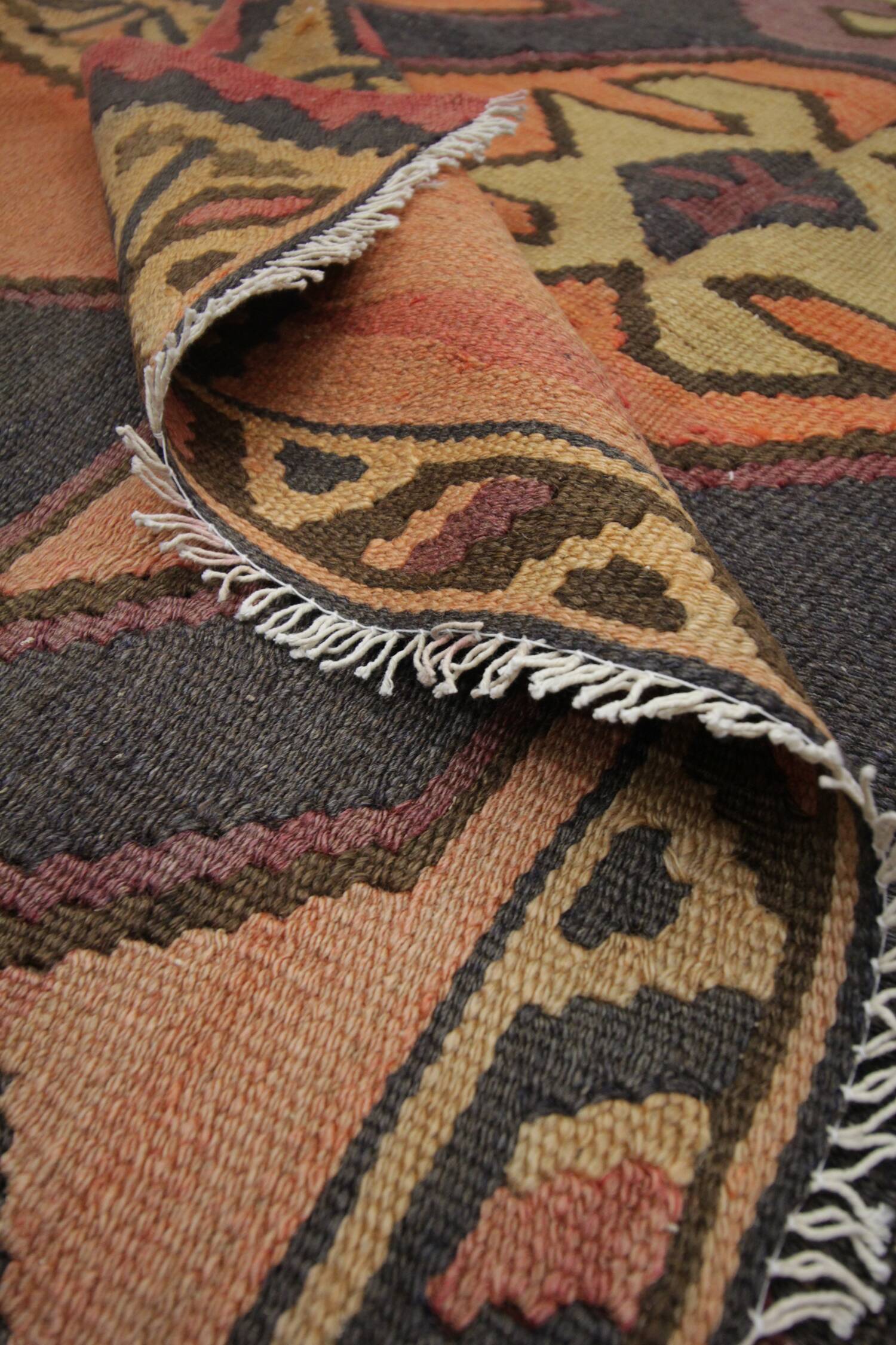 Rug & Kilim Rust Geometric Runner, Handmade Tribal Wool Flatweave, Boho Hallway Rug
