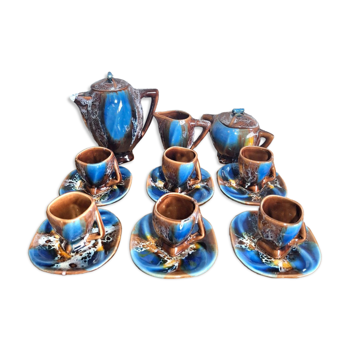Art Deco coffee service Vallauris cobalt blue flambe glaze – 15 pieces