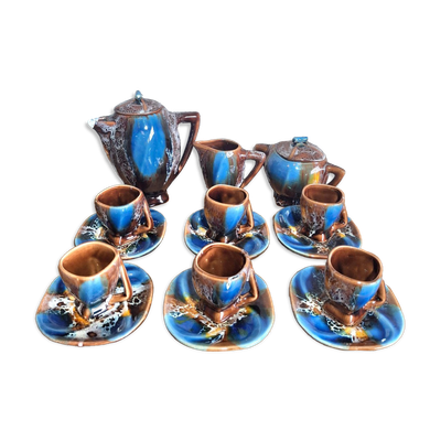 Service à café Art Déco Vallauris glaçure flambée bleu cobalt – 15 pièces