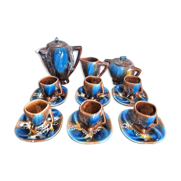 Service à café Art Déco Vallauris glaçure flambée bleu cobalt – 15 pièces