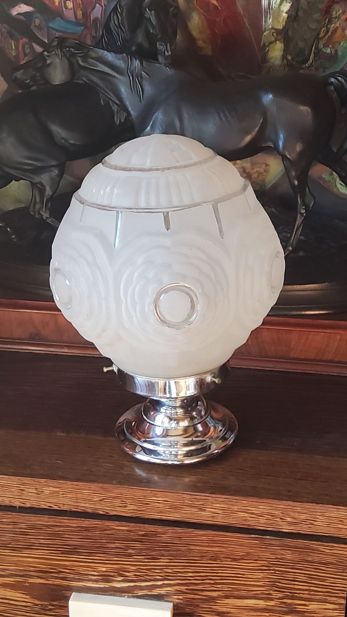 Modernist art deco suspension ceiling lamp in glass and chromed metal