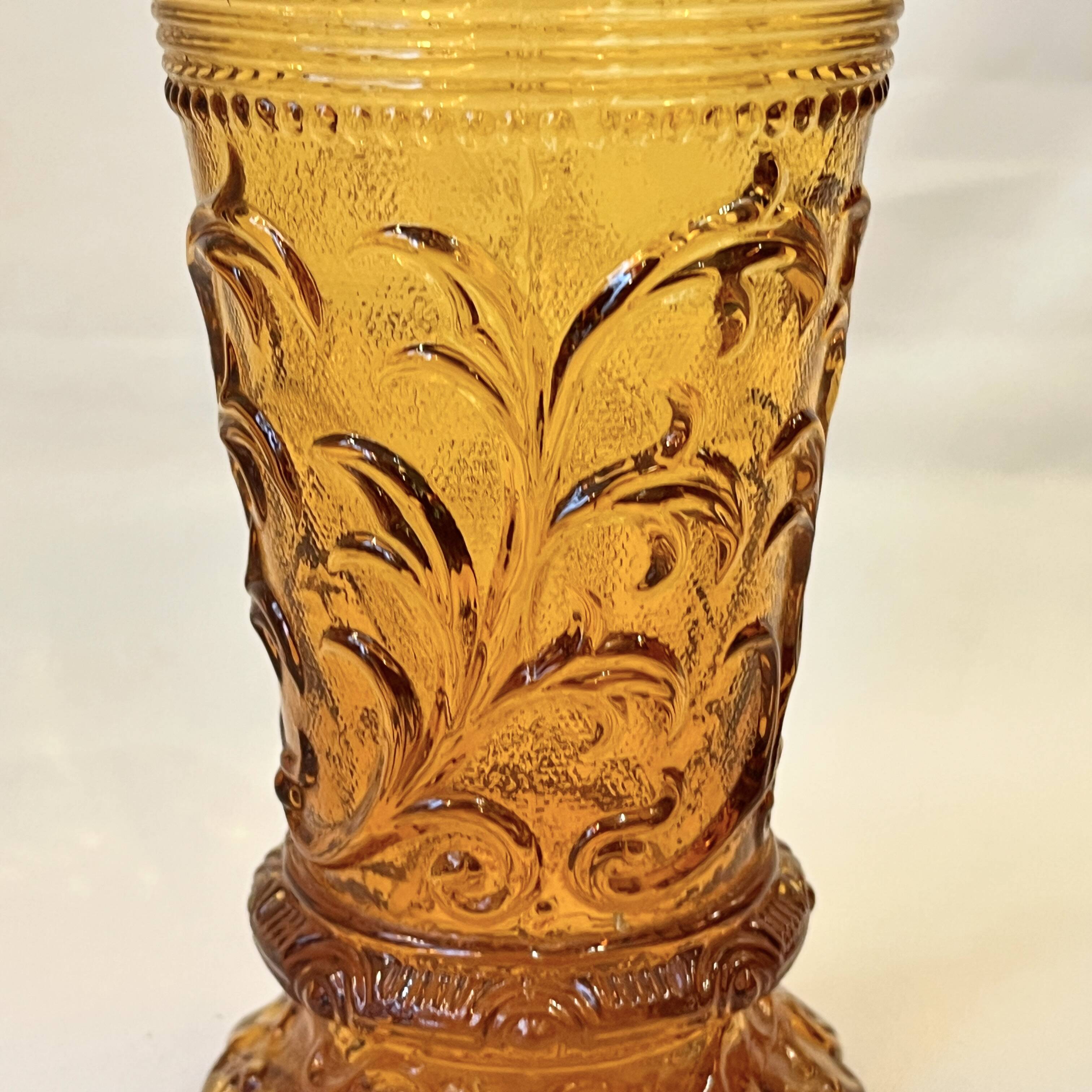 Art Deco Iridescent Amber Glass Vase with Floral Motif - Amber Yellow Glass Vase
