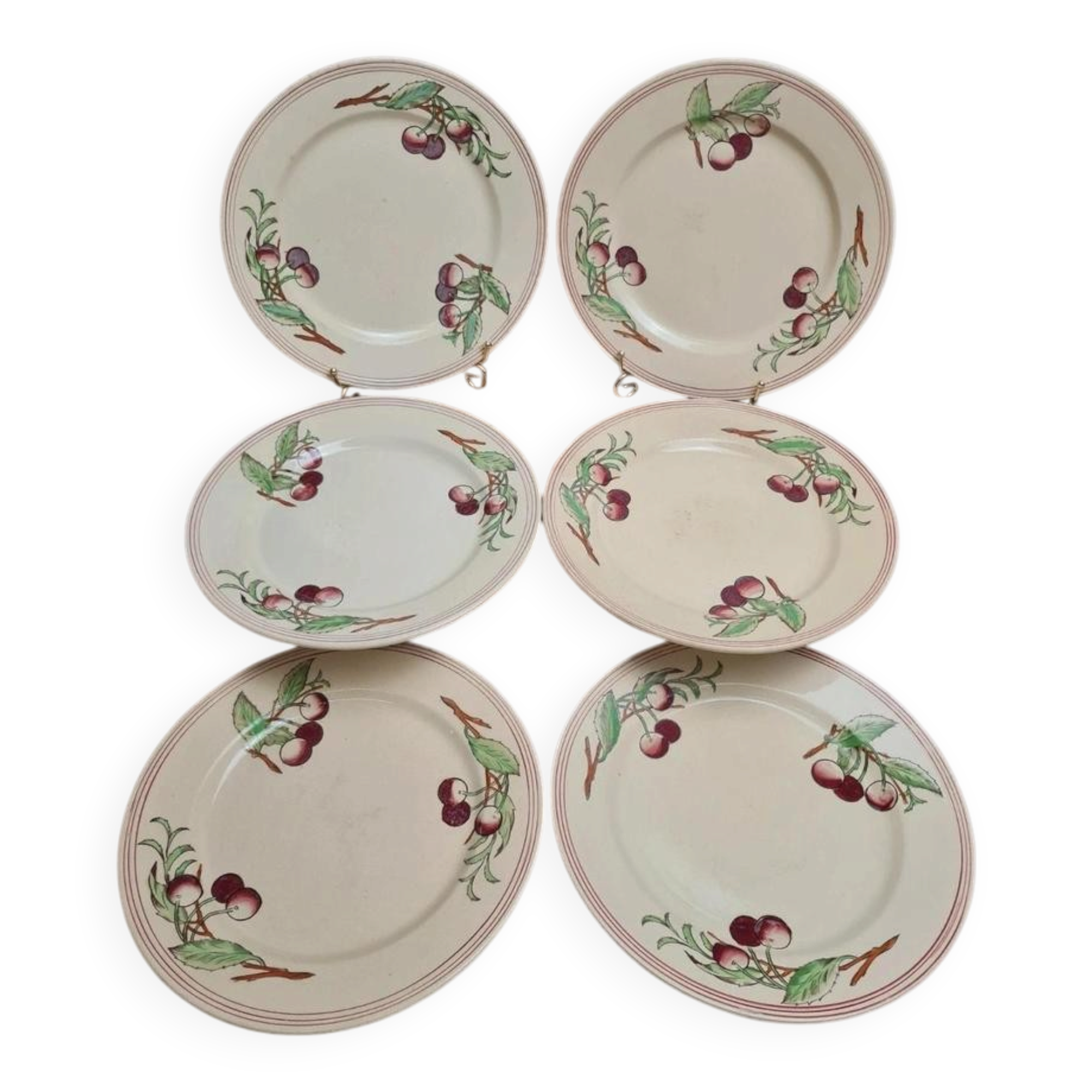 Set of 6 flat plates Boch La Louvière Belgium model 2460 with polychrome cherry decoration.