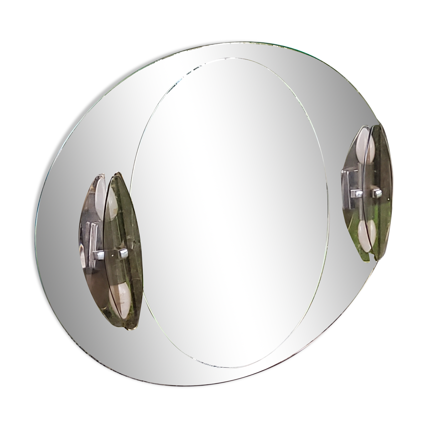 Oval mirror with 2 double tain sconces by Antonio Lupi from the 80s, 69x55 cm