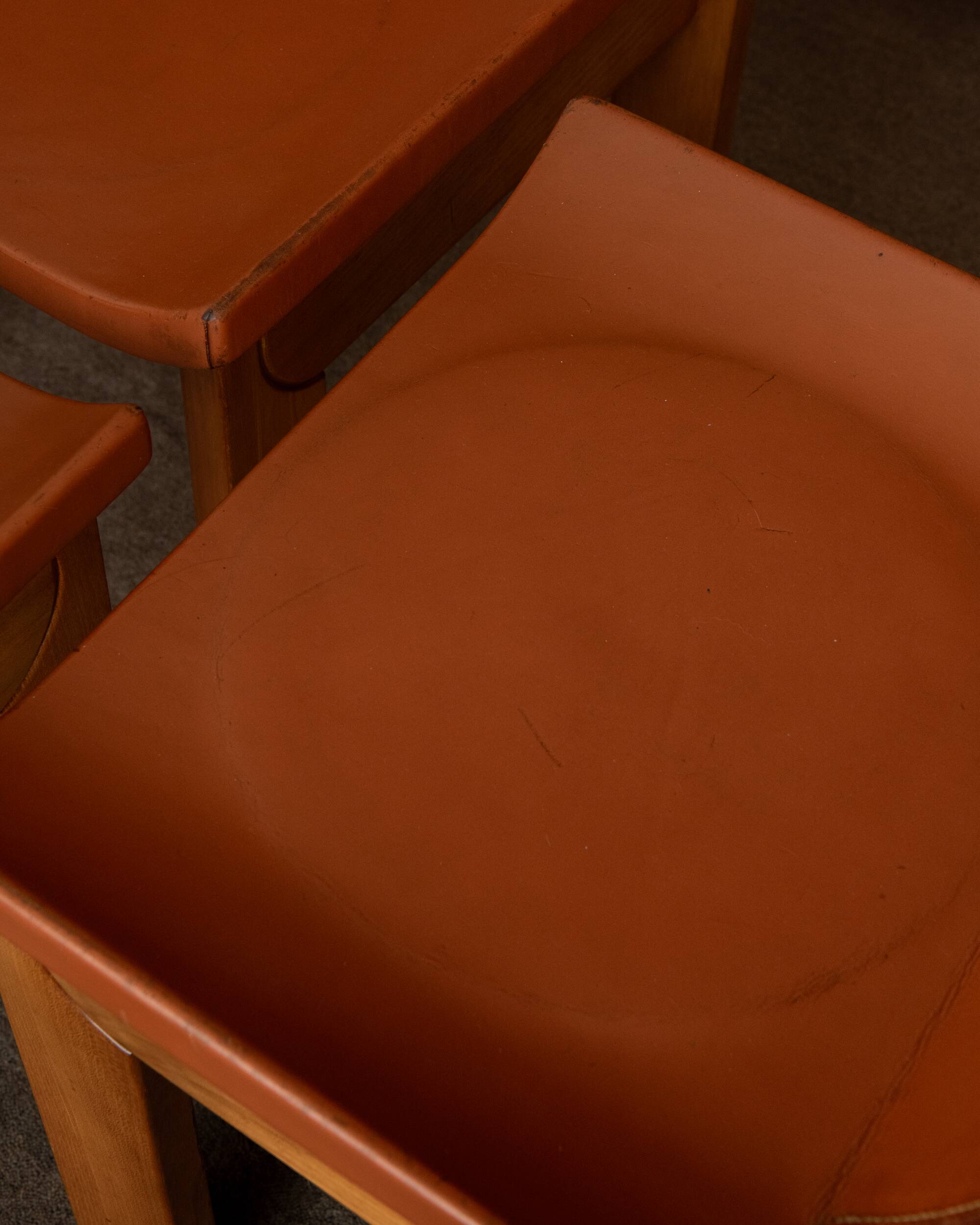 Wood Leather Dining Chairs Luigi Gorgoni Roche Bobois, 1970s, Set of 7