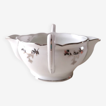 Limoges Maigre Gras porcelain sauce boat with silver decoration