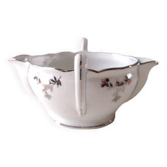 Limoges Maigre Gras porcelain sauce boat with silver decoration