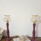 Lampes à poser vintage – Pieds bois repeints mauve brillant + globes a